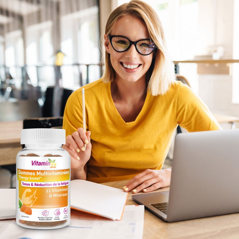 Gommes Multivitaminées "Energy Boost" - Délicieux goût orange - Pilulier 60 gommes Gommes Multivitaminées "Energy Boost" - Délicieux goût orange - Pilulier 60 gommes
