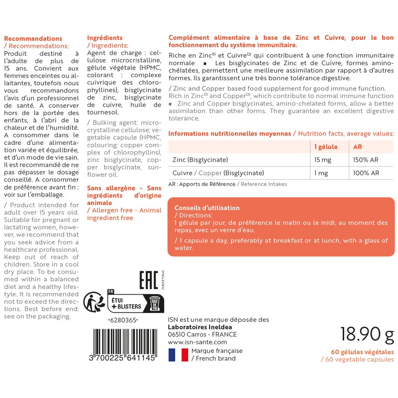 SUPLEZINC - Supplémentation en cuivre et en zinc - 60 gélules SUPLEZINC - Supplémentation en cuivre et en zinc - 60 gélules