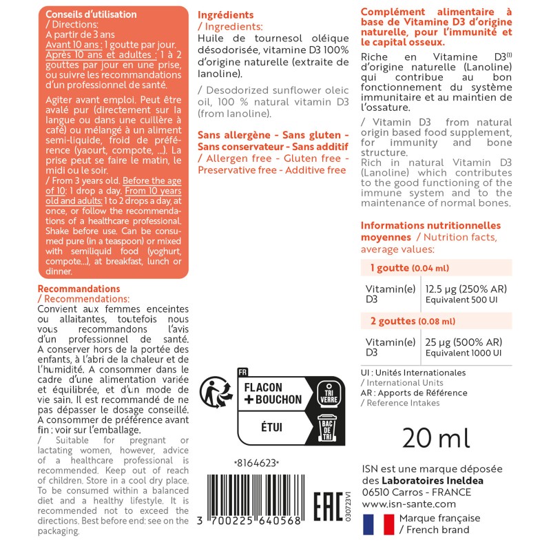 Vital-D3 ISN- Maintient le capital osseux - 20ml - Ineldea Santé Naturelle Vital-D3 ISN- Maintient le capital osseux - 20ml - Ineldea Santé Naturelle
