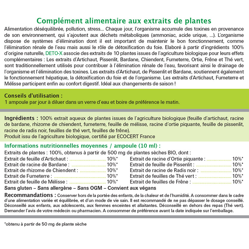 Deto-X Bio - Drainage et élimination des toxines - 20 ampoules 10 ml Deto-X Bio - Drainage et élimination des toxines - 20 ampoules 10 ml