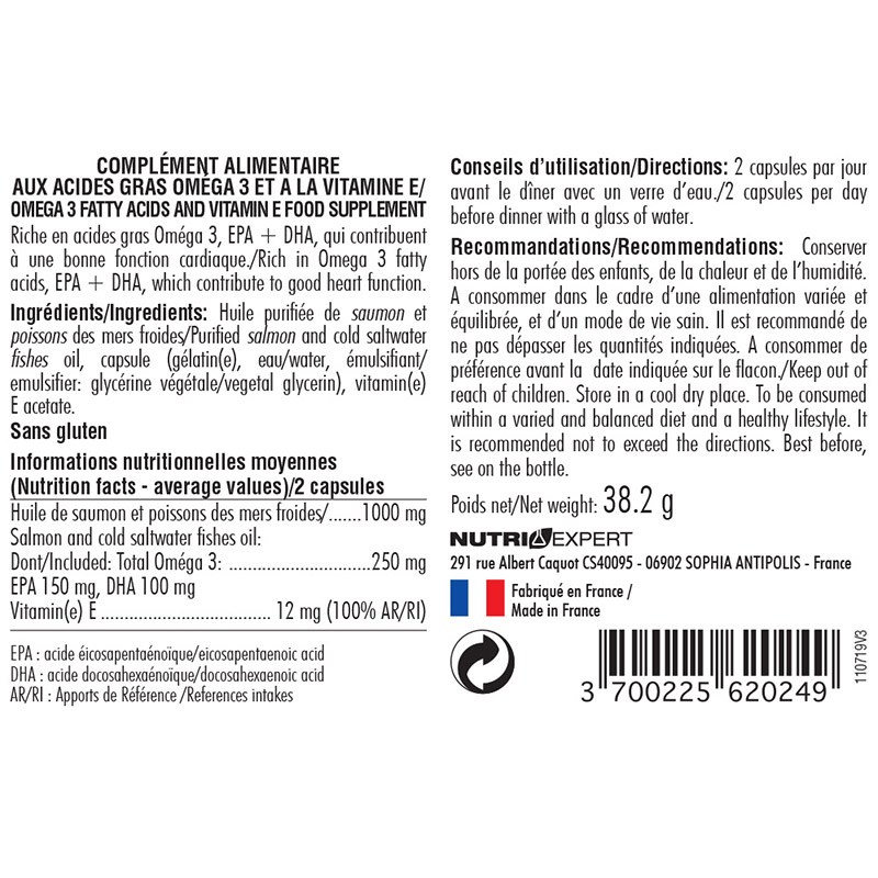 Oméga 3 - Fonctions cognitives et santé cardiovasculaire - 60 capsules Oméga 3 - Fonctions cognitives et santé cardiovasculaire - 60 capsules