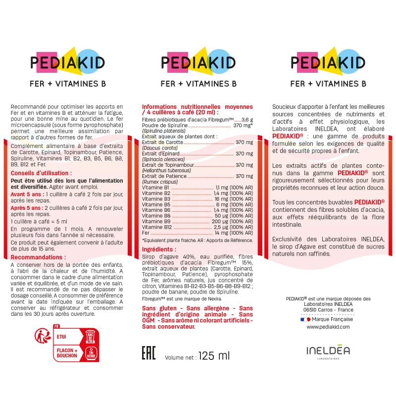 Pédiakid - Fer et Vitamines B - Ingrédients Pédiakid - Fer et Vitamines B - Ingrédients