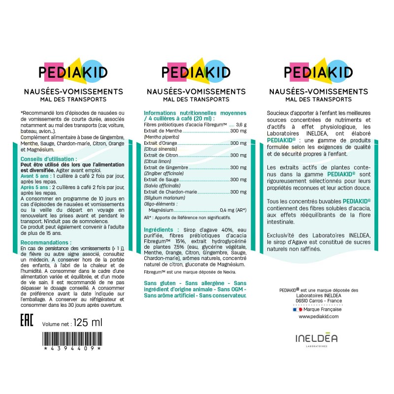 Pédiakid - Sirop Nausées et vomissements - Mal de transport - Ingrédients Pédiakid - Sirop Nausées et vomissements - Mal de transport - Ingrédients