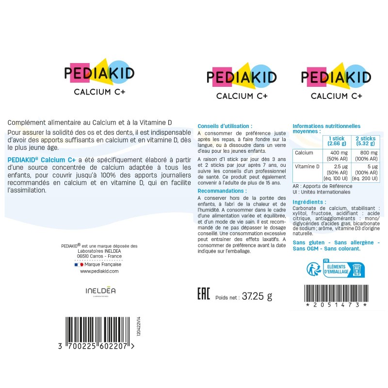 Pediakid Calcium C+ - Complément alimentaire enfant - Ingrédients Pediakid Calcium C+ - Complément alimentaire enfant - Ingrédients