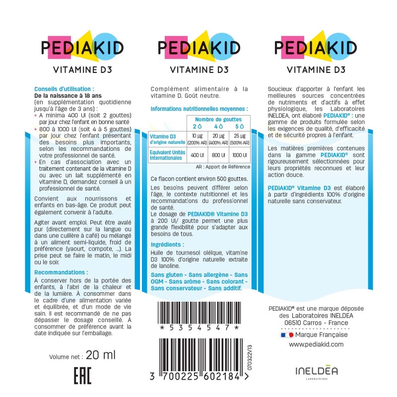 Pediakid Vitamine D3 - Complément enfant - ingrédients Pediakid Vitamine D3 - Complément enfant - ingrédients