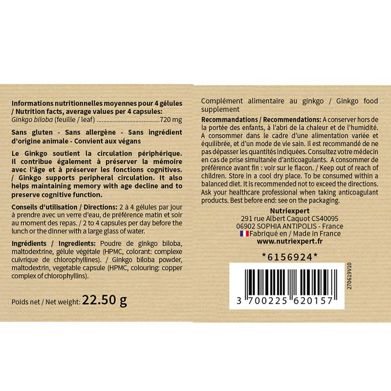 Ginkgo Biloba - Anti-âge pour les fonctions cognitives - 60 gélules Ginkgo Biloba - Anti-âge pour les fonctions cognitives - 60 gélules