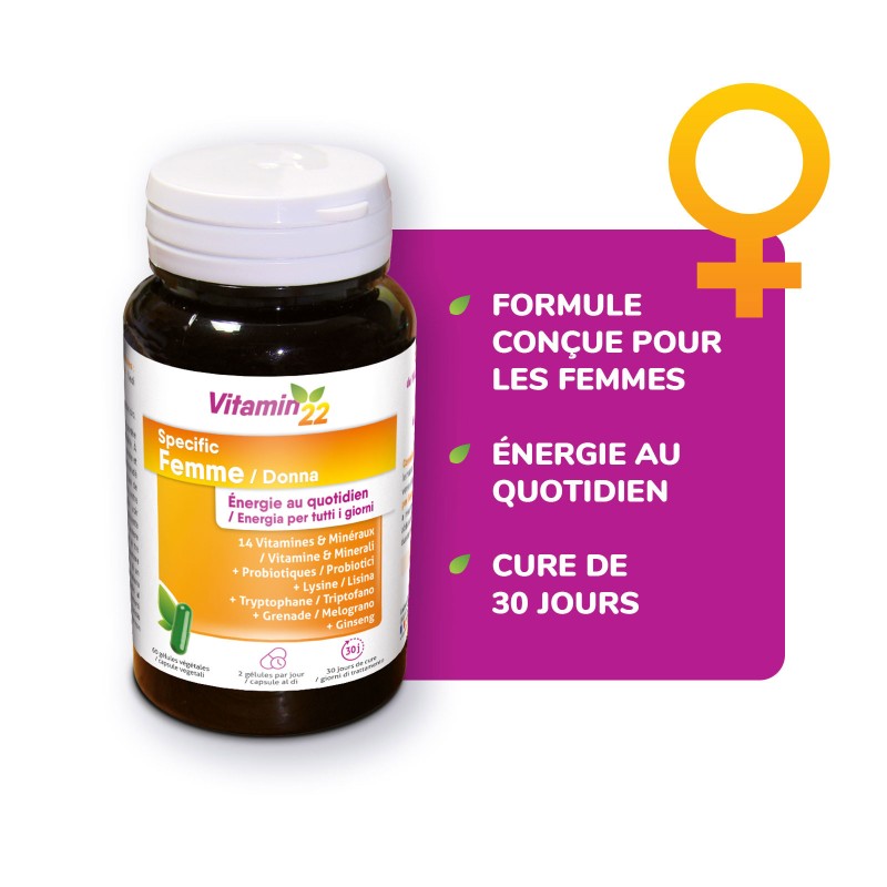 Vitamin'22 Specific Femme - Cure Vitamines pour Femme - 60 gélules Vitamin'22 Specific Femme - Cure Vitamines pour Femme - 60 gélules