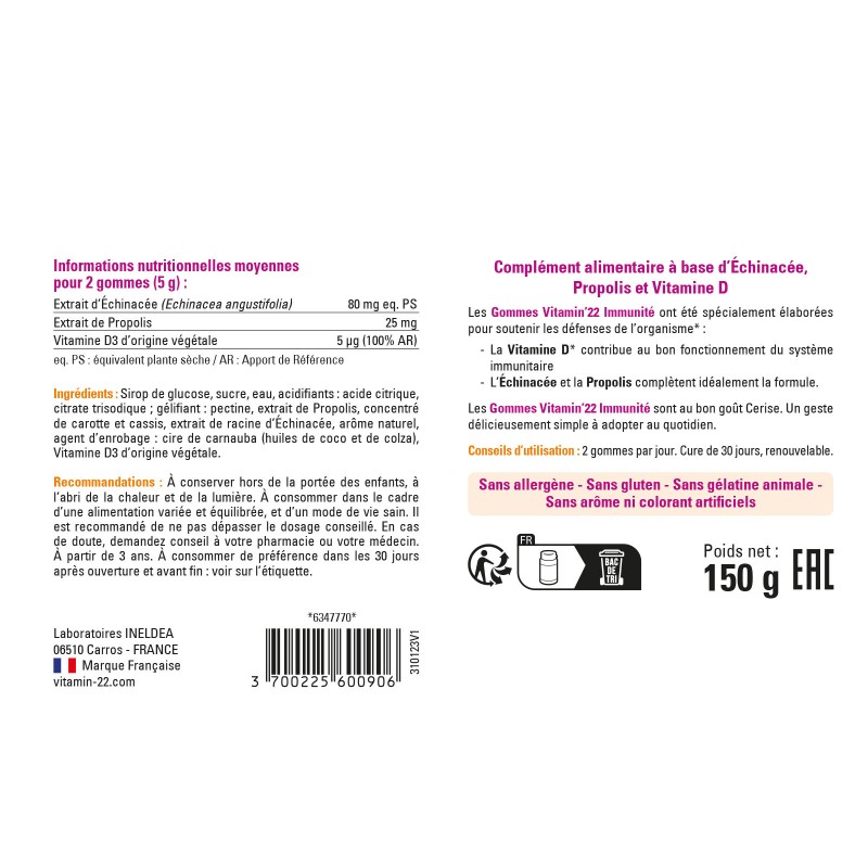 Gommes Immunités - Délicieux goût cerise - Pilulier 60 gommes Gommes Immunités - Délicieux goût cerise - Pilulier 60 gommes