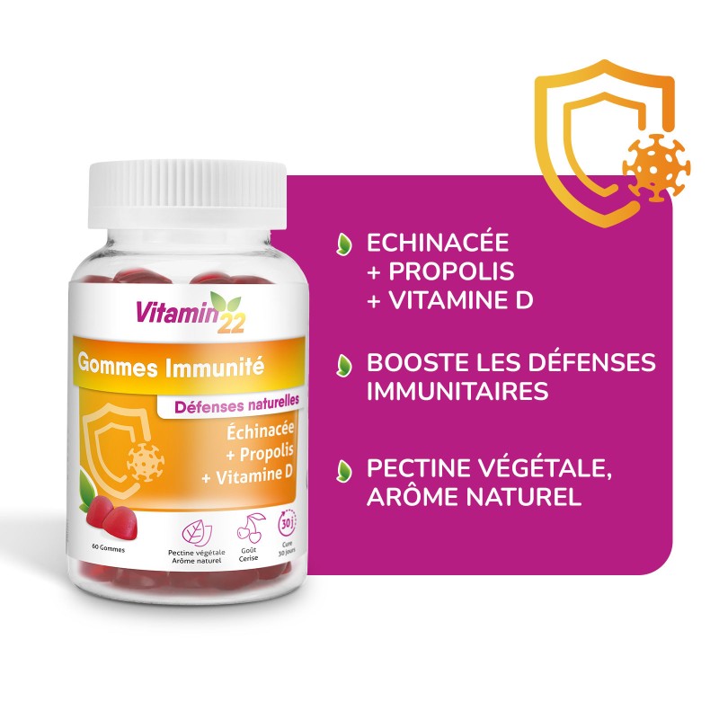 Gommes Immunités - Délicieux goût cerise - Pilulier 60 gommes Gommes Immunités - Délicieux goût cerise - Pilulier 60 gommes