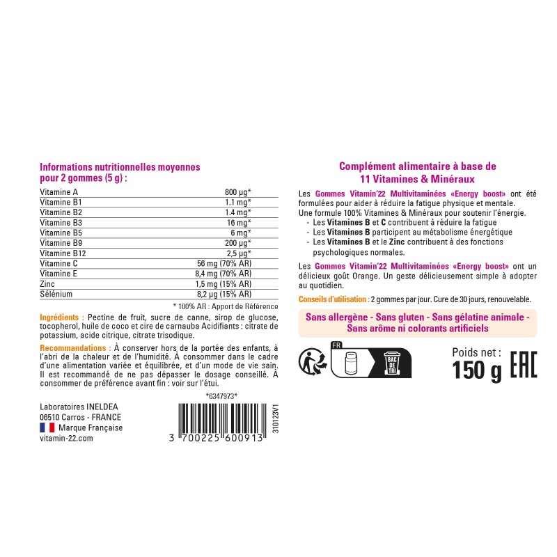 Gommes Multivitaminées "Energy Boost" - Délicieux goût orange - Pilulier 60 gommes Gommes Multivitaminées "Energy Boost" - Délicieux goût orange - Pilulier 60 gommes
