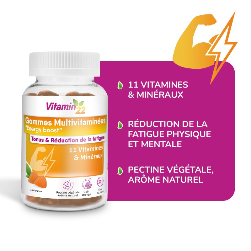 Gommes Multivitaminées "Energy Boost" - Délicieux goût orange - Pilulier 60 gommes Gommes Multivitaminées "Energy Boost" - Délicieux goût orange - Pilulier 60 gommes