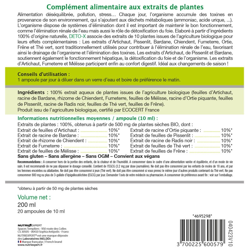 Deto-X Bio - Drainage et élimination des toxines - 20 ampoules 10 ml Deto-X Bio - Drainage et élimination des toxines - 20 ampoules 10 ml