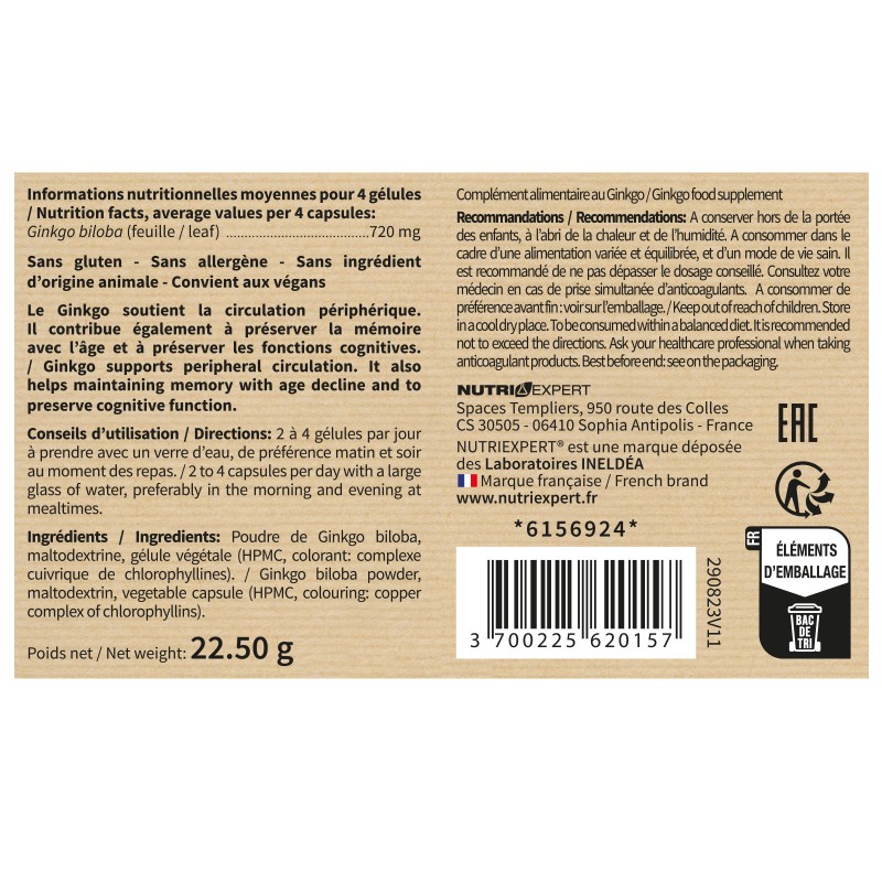 Ginkgo Biloba - Anti-âge pour les fonctions cognitives - 60 gélules Ginkgo Biloba - Anti-âge pour les fonctions cognitives - 60 gélules