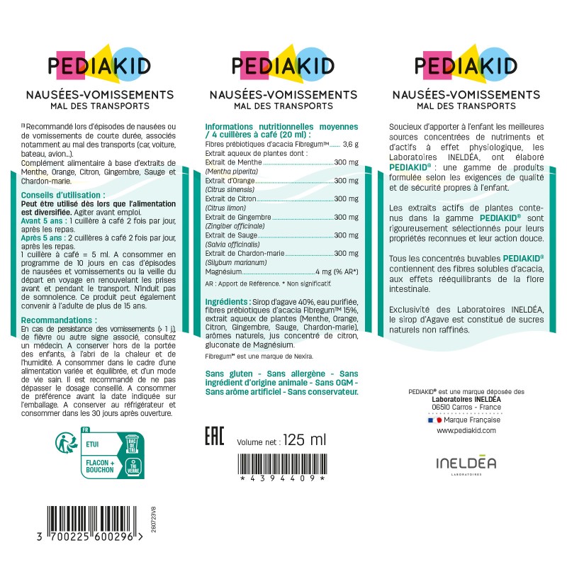 Pédiakid - Sirop Nausées et vomissements - Mal de transport - Ingrédients Pédiakid - Sirop Nausées et vomissements - Mal de transport - Ingrédients